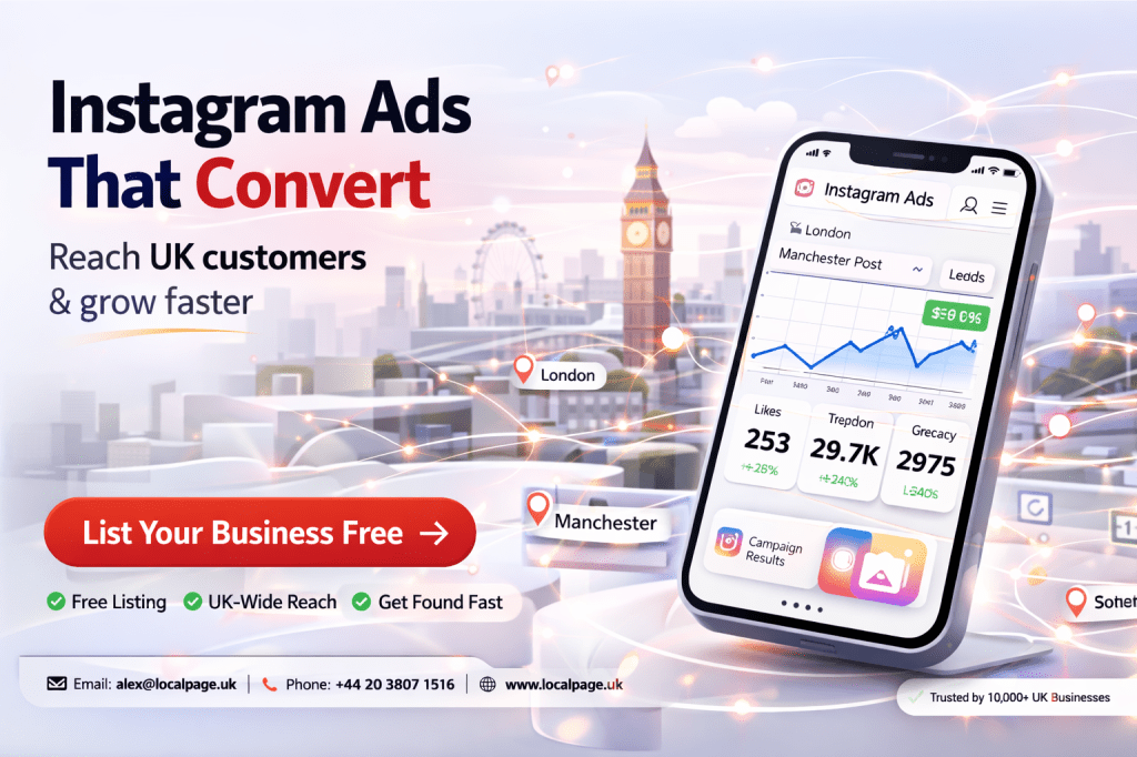 Minimal Instagram growth concept with upward arrow showing increased engagement and leads for UK business advertising campaigns