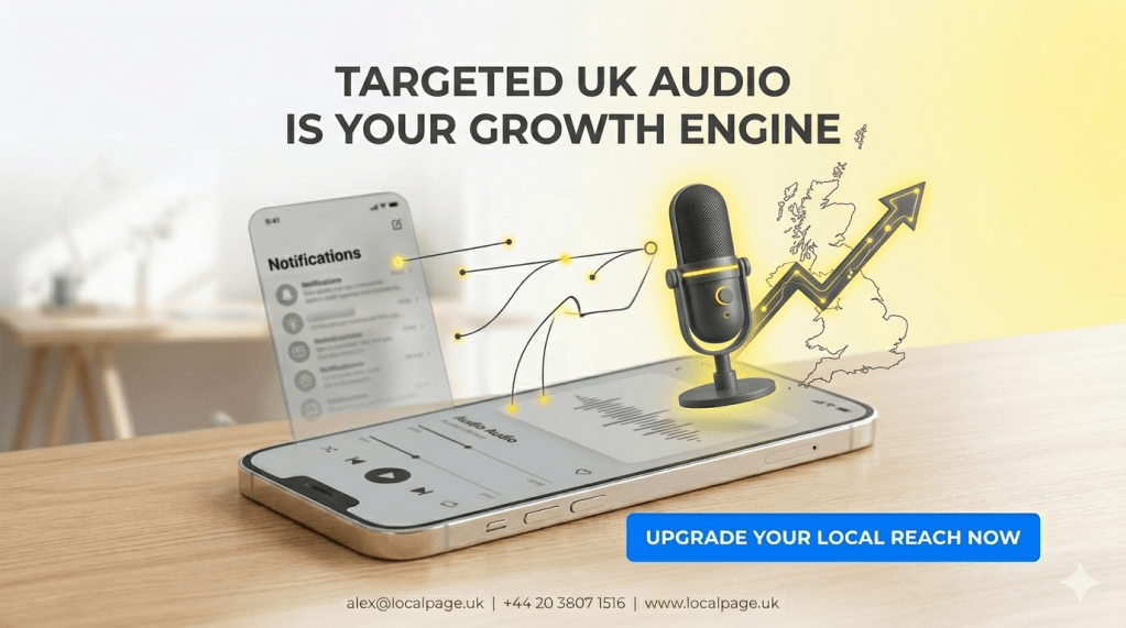 Social image showing podcast advertising with glowing yellow growth arrow microphone icon and green‑blue CTA button
