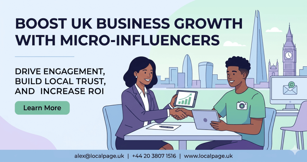 A high-contrast, bold vector social media post divided vertically. The left side (Problem) shows a stressed UK business owner with flat results and empty advertising space. The right side (Solution) shows the same owner celebrating rapid AI-powered micro-influencer growth, with ascending graphs and many customers.