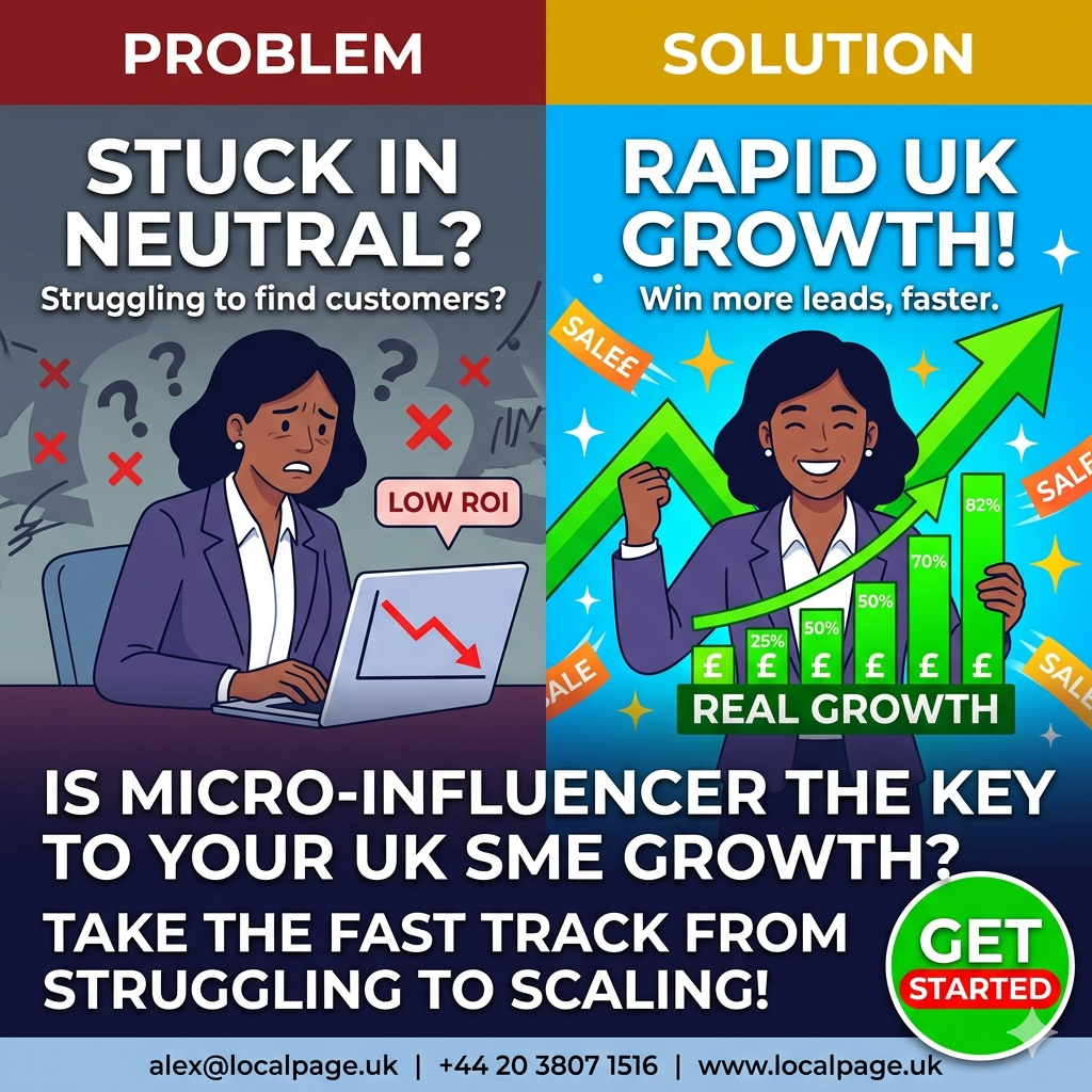 A high-contrast, bold vector social media post divided vertically. The left side (Problem) shows a stressed UK business owner with flat results and empty advertising space. The right side (Solution) shows the same owner celebrating rapid AI-powered micro-influencer growth, with ascending graphs and many customers.